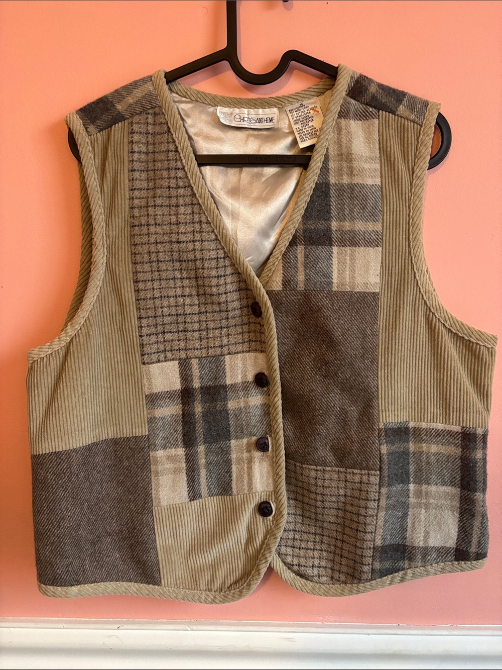 Vintage Patchwork Corduroy Vest in Olive Brown -